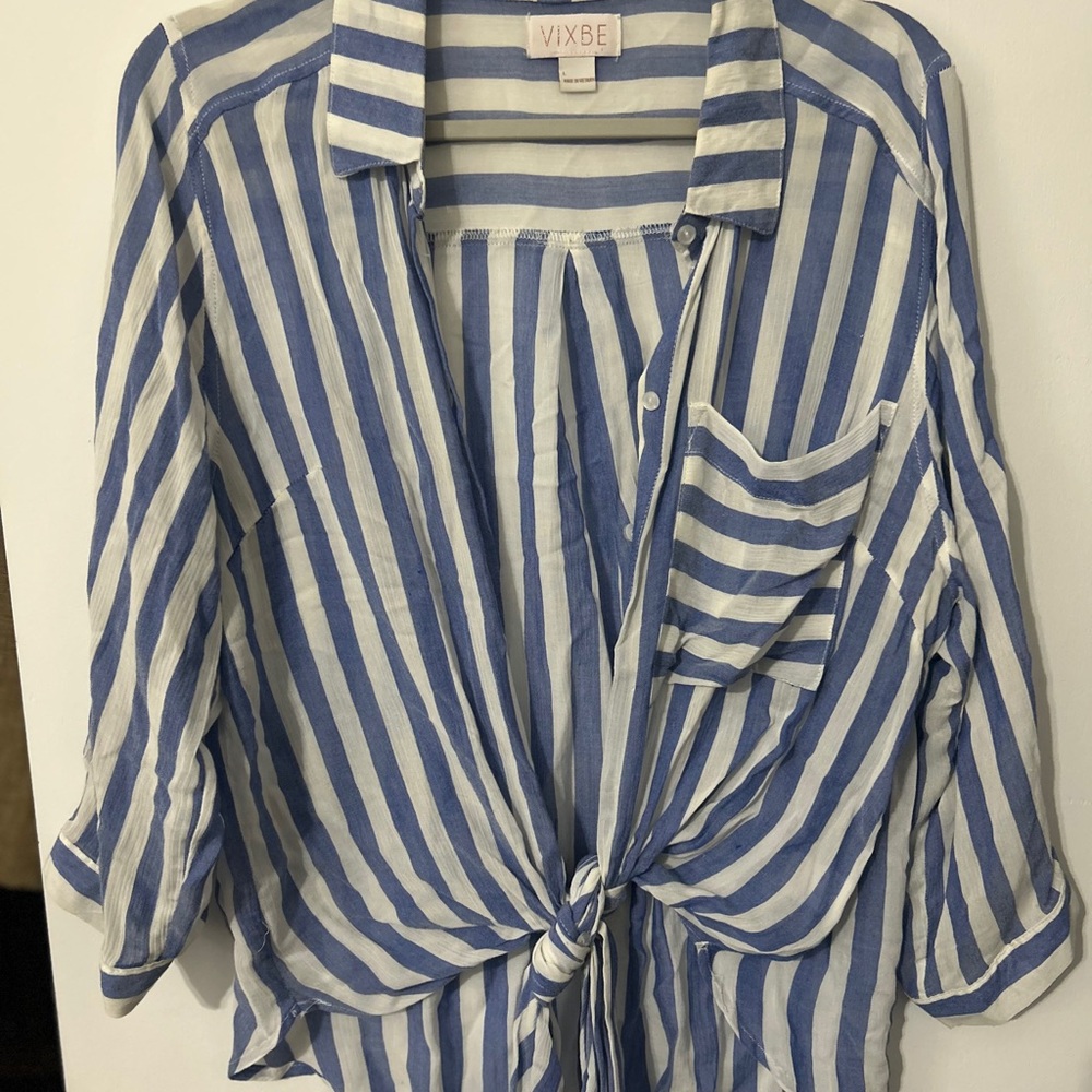 Vixbe Blue and White Striped Button-Up Blouse